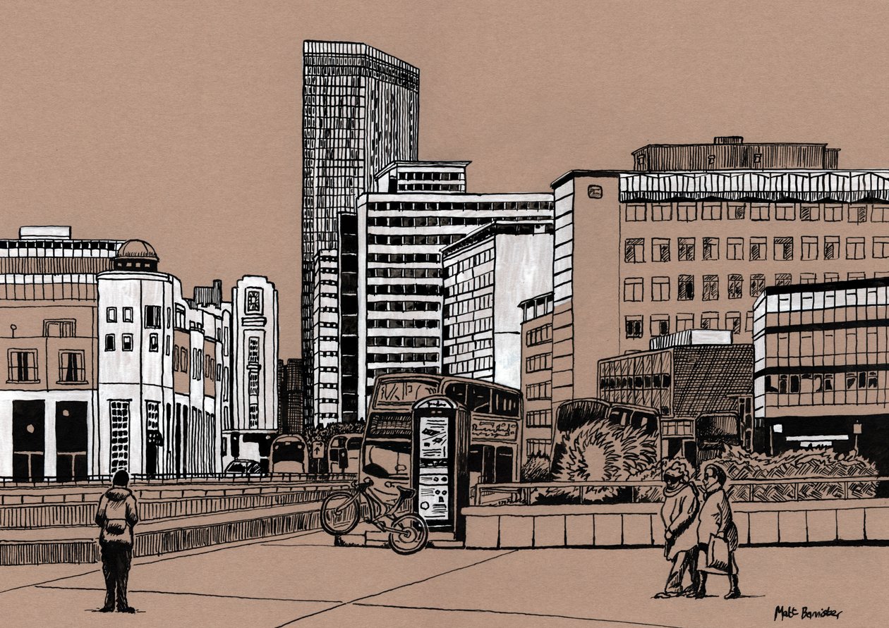 Wellesley Road - Croydon, 2016 (akrylová tuš na desce) od Matt Bannister