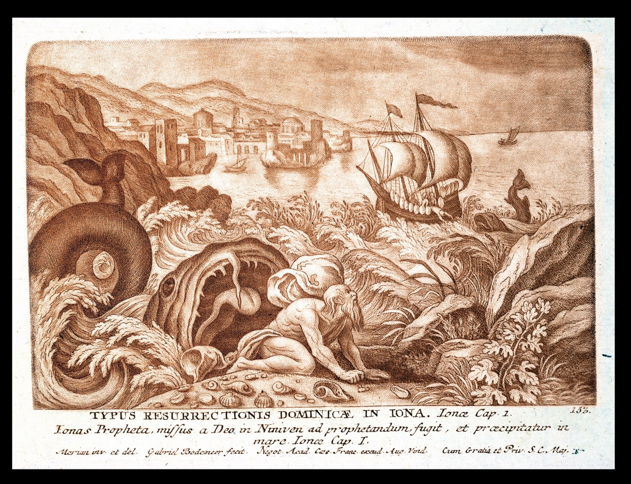 Jonáš a velryba, ilustrace z Bible, vyryl Gabriel Bodeneer (1673-1766) (sépiová rytina) od Mattaus the Younger Merian