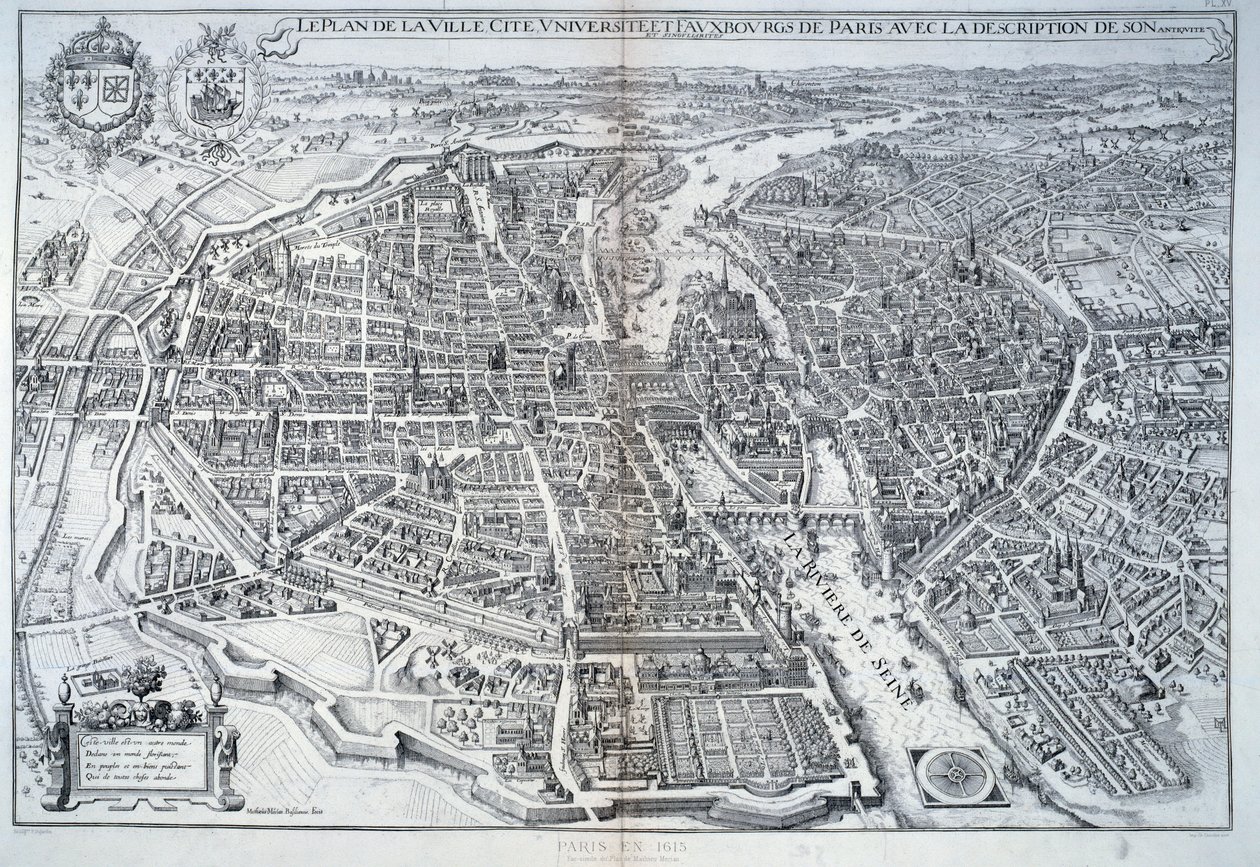 Plán Paříže v roce 1615. Rytina Mathieu Merian od Mattaus the Younger Merian