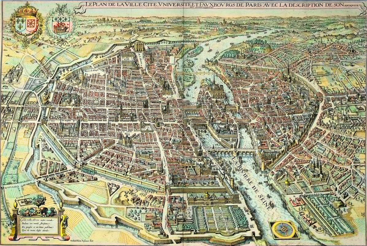 Plán Paříže v roce 1615. Rytina Mathieu Merian od Mattaus the Younger Merian