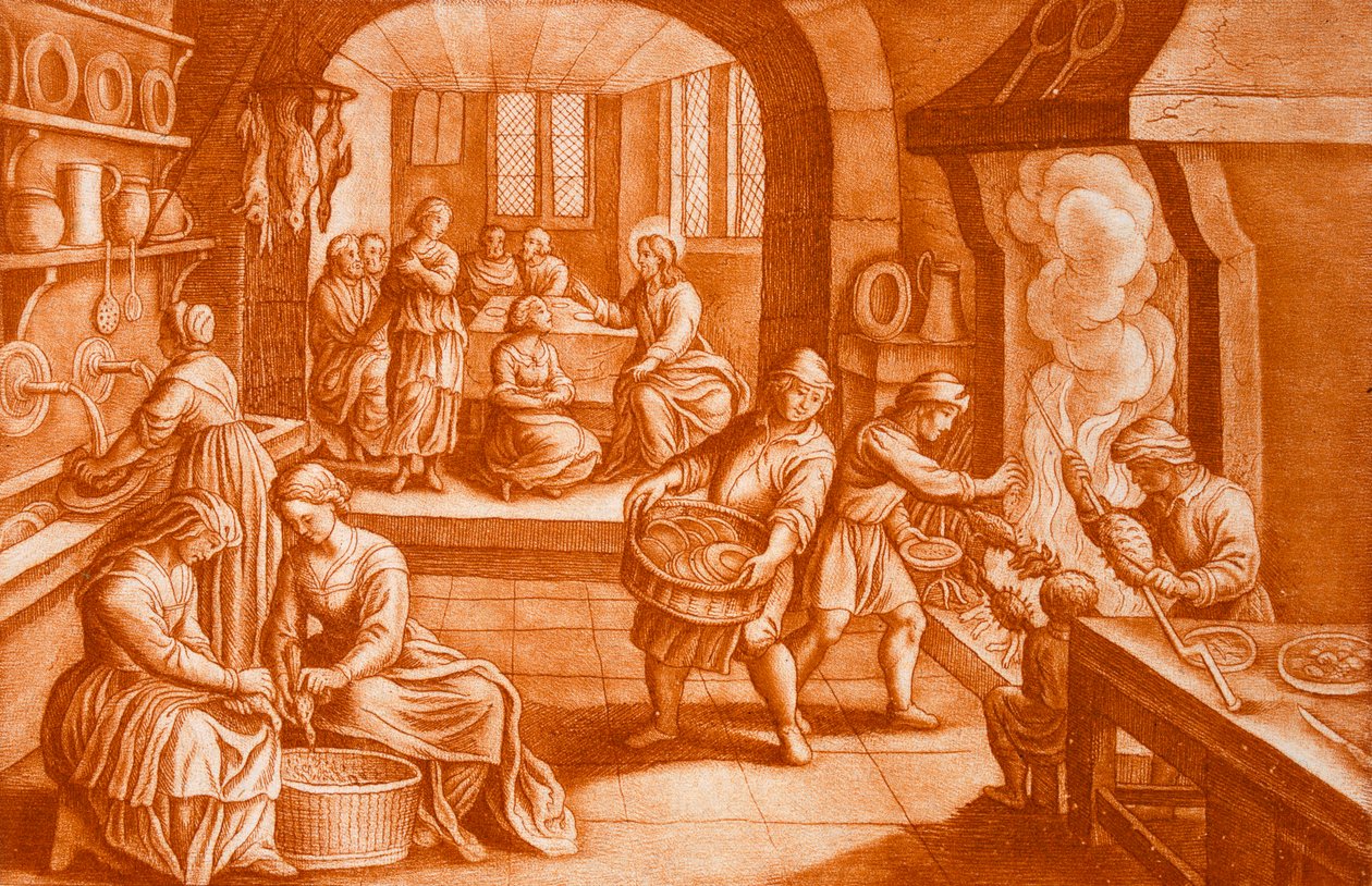 Příběh Marie a Marty, ilustrace z Bible, vyryl J.C. Bodenehr (sépiová rytina) od Mattaus the Younger Merian