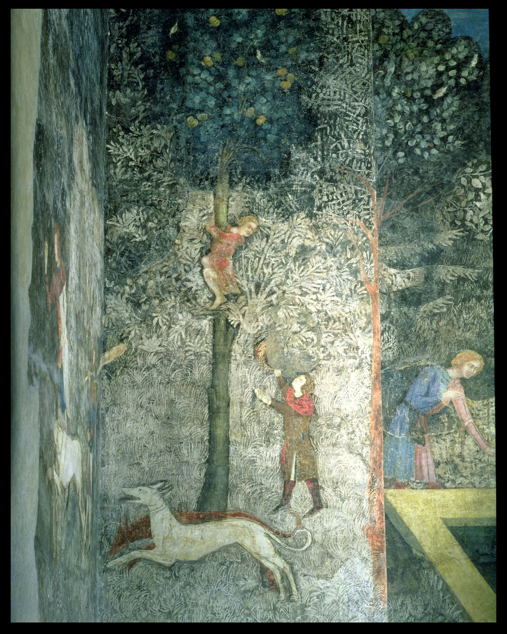 Lovečtí psi a muži lezoucí na strom, detail dekorativního schématu z fresky La Chambre du Cerf Stag Room 1347 od Matteo Giovanetti