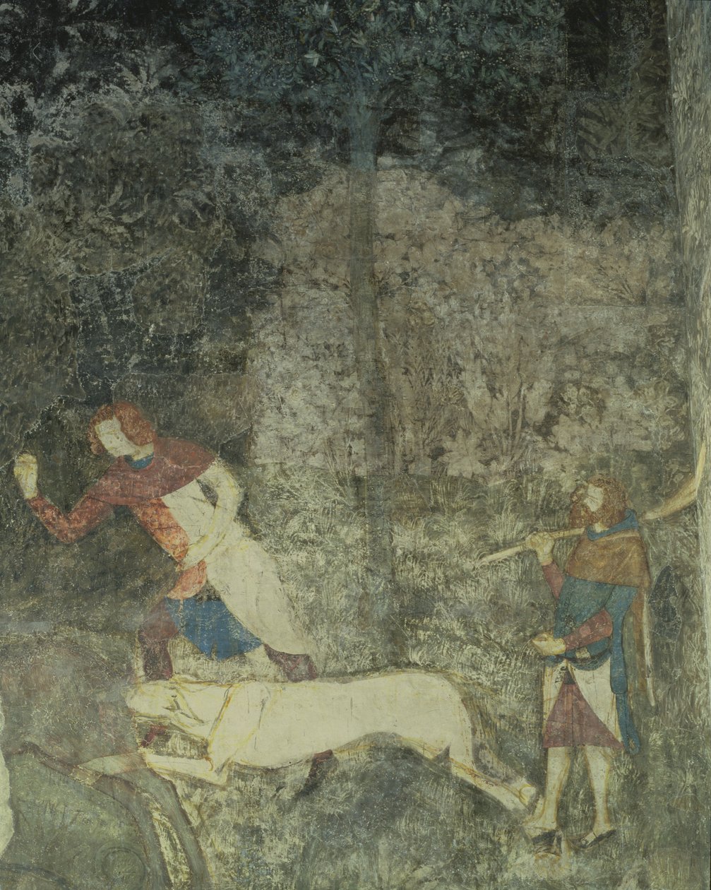 Muži loví se psy, detail dekorativního schématu z fresky La Chambre du Cerf Stag Room 1347 od Matteo Giovanetti