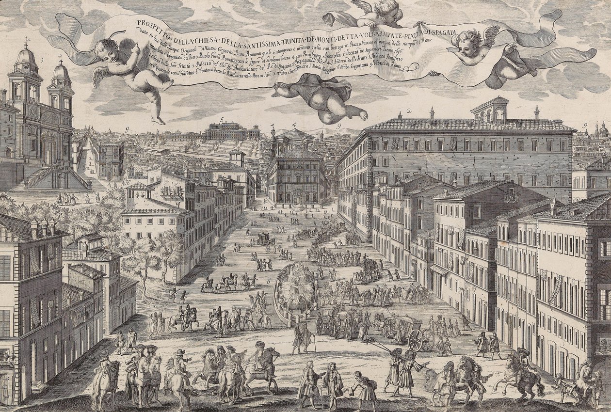 Prospekt kostela Santissima Trinita de Monti běžně známý jako Piazza di Spagnia, 1696. od Matteo Gregorio de Rossi