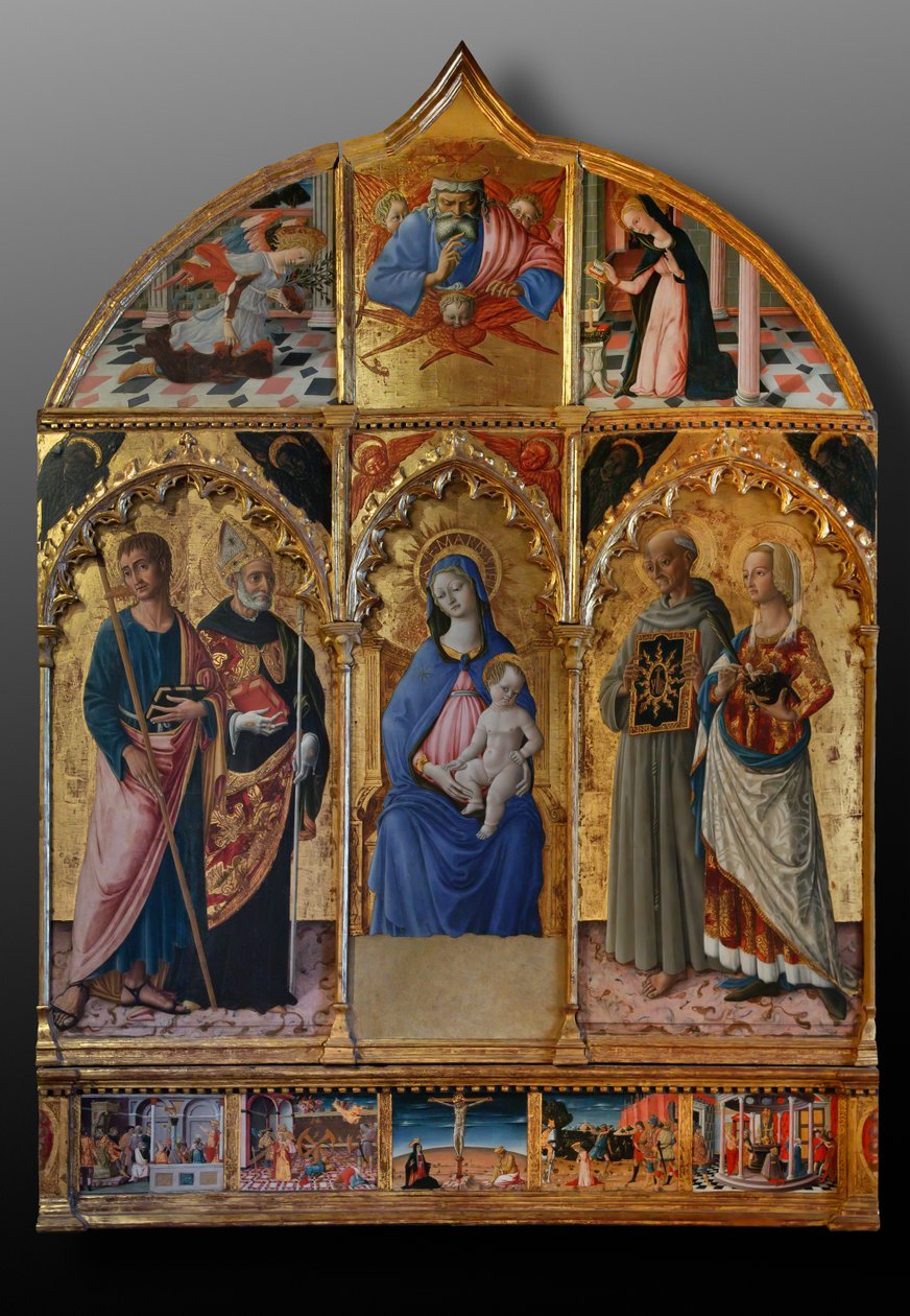 Madona s dítětem se svatými Jakubem, Augustinem, Bernardinem a Markétou, první desetiletí 14. století (tempera na desce) od Matteo di (c.1430 95) Giovanni