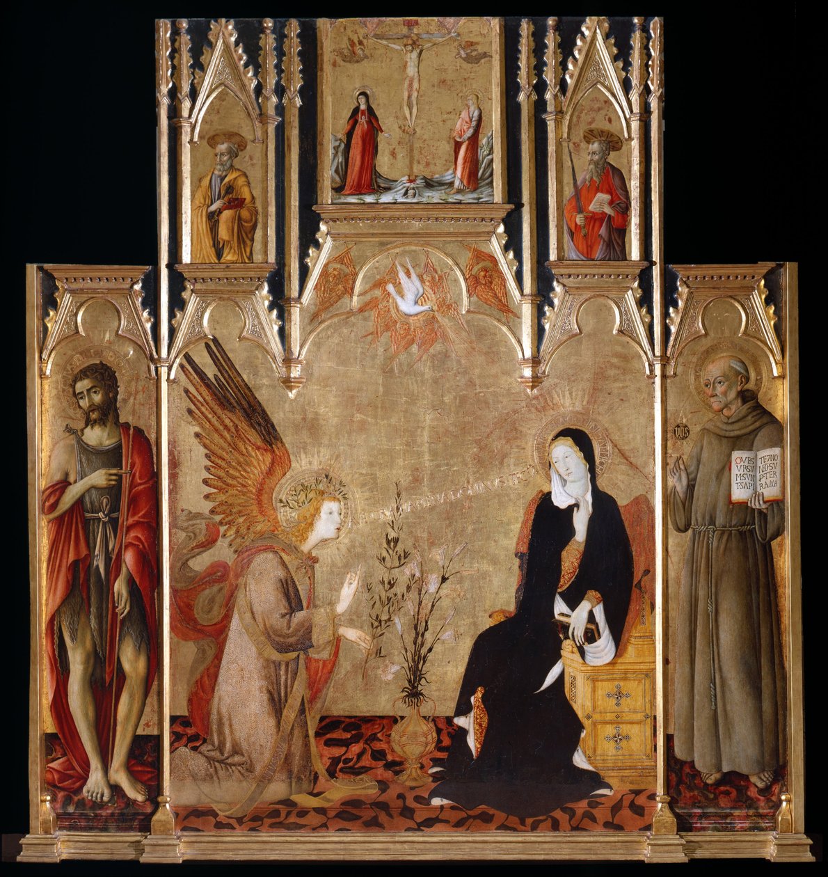 Zvěstování se svatým Janem Křtitelem a Bernardinem da Siena. Ukřižování. Svatí Petr a Pavel, mezi 1455 a 1464 od Matteo di Giovanni
