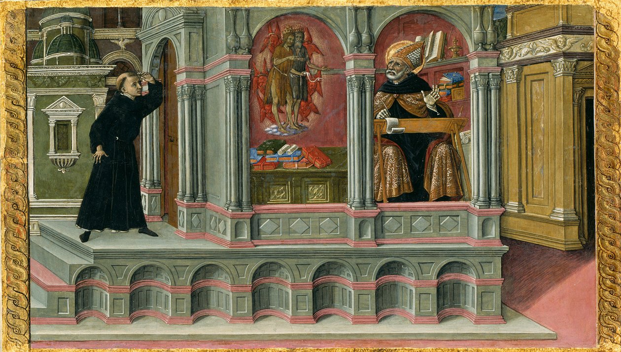 Vize svatého Augustina o svatých Jeronýmovi a Janu Křtiteli od Matteo di Giovanni