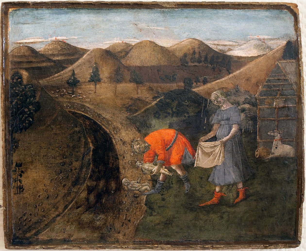 Legenda o Romulovi a Removi: Romulus a Remus sesbíral pastýř Faustulus. Obraz Matteo di Giovanni (1430-1495), detrempe na dřevě, 29,5 x 35 cm. Italské umění 15. století. Musee des Beaux Arts de Libourne. od Matteo di Giovanni di Bartolo