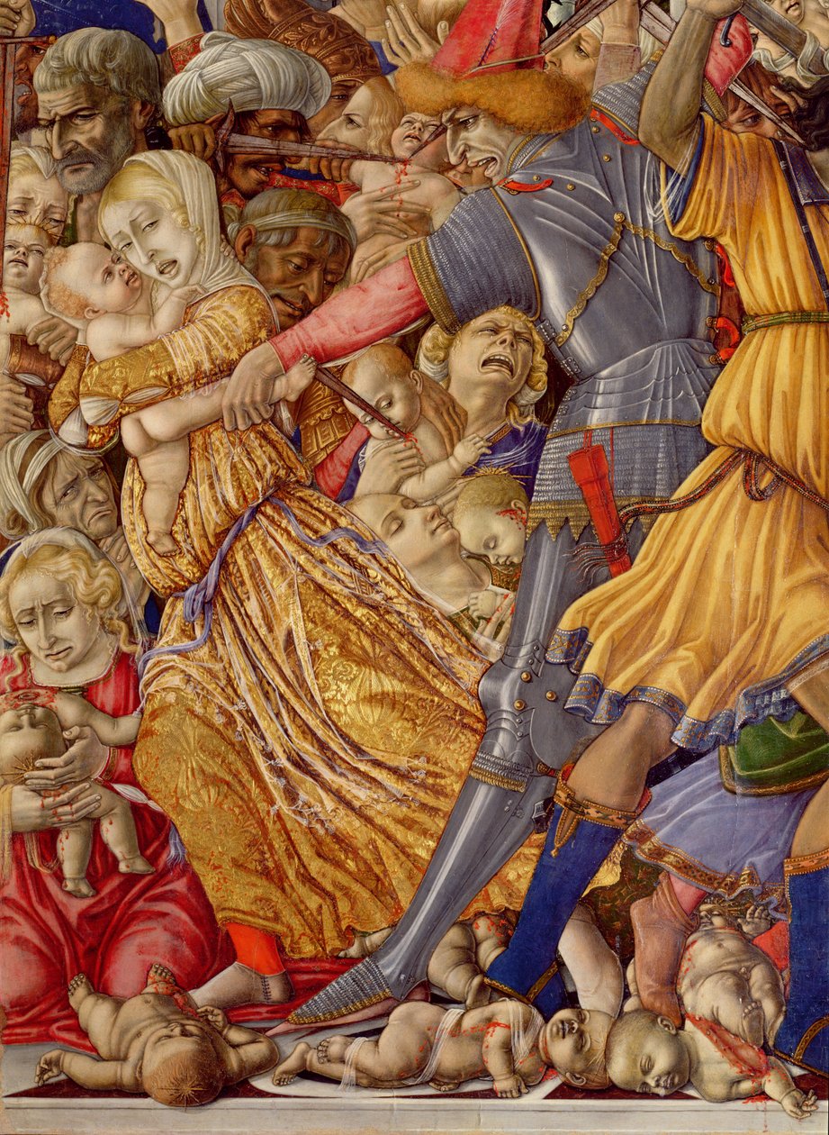 The Massacre of the Innocents, detail vojáka připravujícího se bodnout dítě a obklopující masakr, 1482 tempera na panelu detail 106233 od Matteo di Giovanni di Bartolo