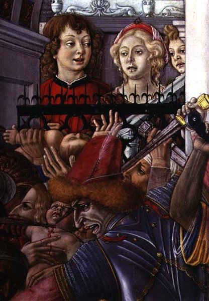Masakr nevinných, detail dvou přihlížejících pozorujících masakr z paláce od Matteo di Giovanni di Bartolo