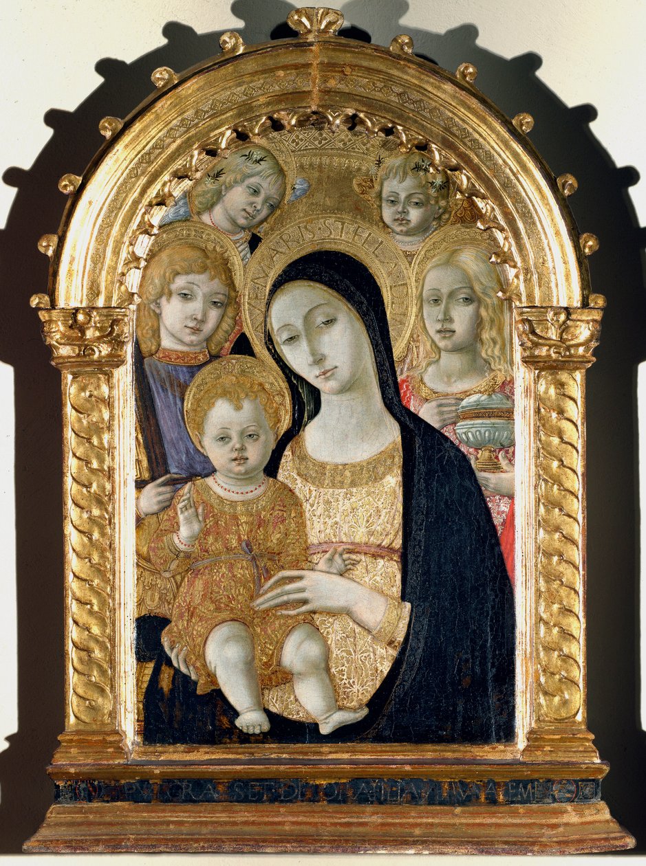 Panna s Ježíškem, svatý Michael, svatá Marie Magdalena (Malba na dřevě od Matteo di Giovanni di Bartolo