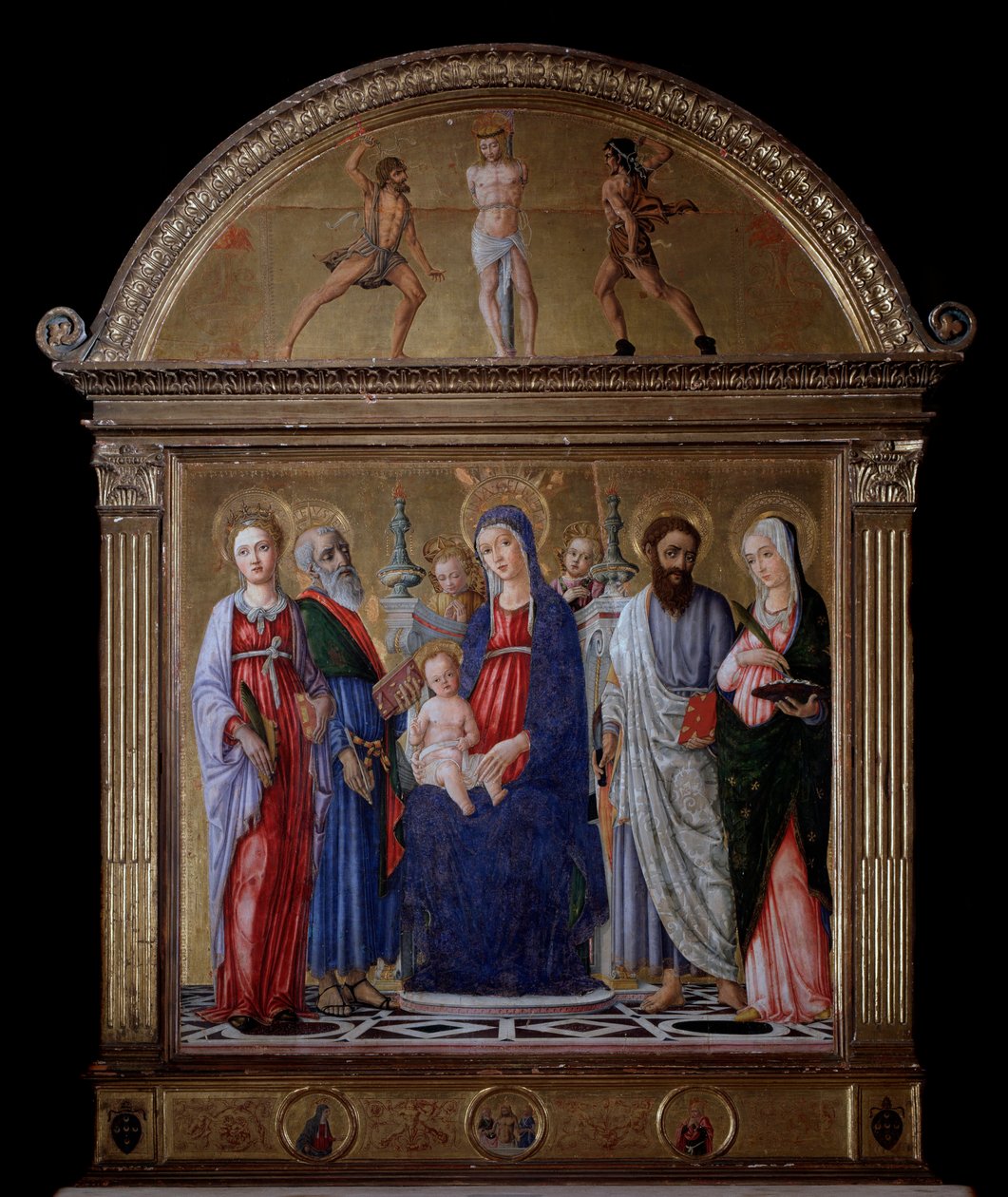 Panna s dítětem a sv. Bartoloměj, sv. Kateřina, sv. Lucie a sv. Matěj - oltářní obraz od Matteo di Giovanni di Bartolo