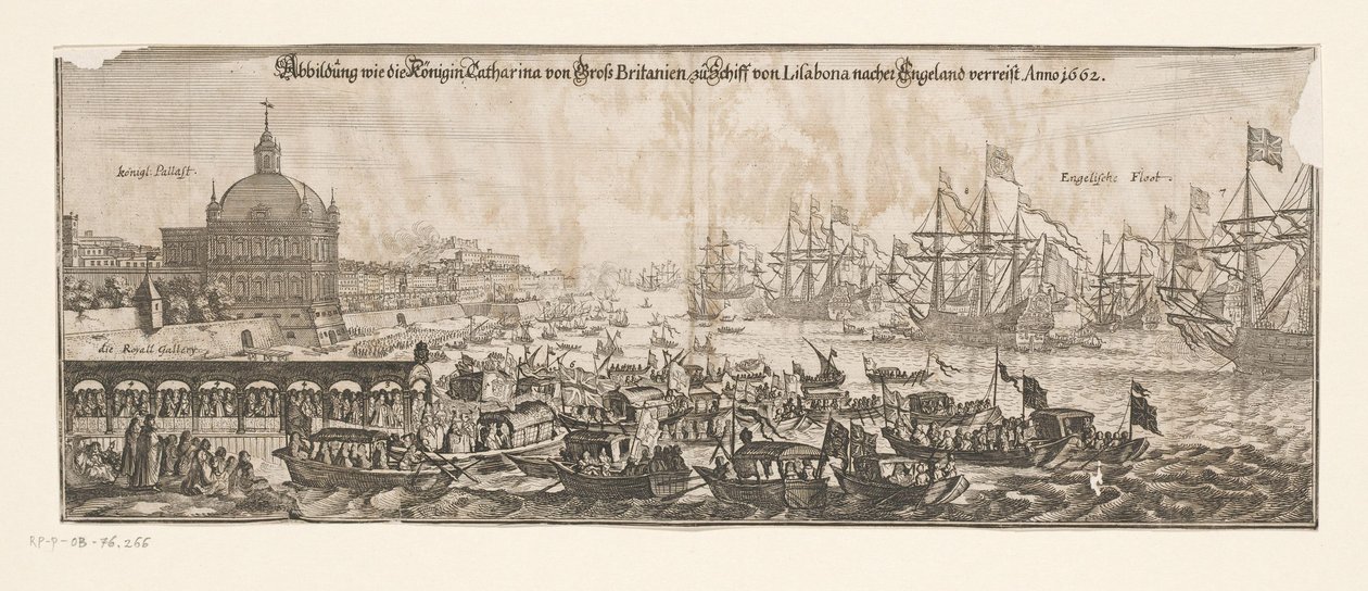 Odjezd flotily s Catherine z Bragançy do Anglie, 20. dubna 1662 Abbildung wie die Königin Catharina von Gross Britanien zu Schiff von Lisabona nacher cestuje do Anglie. Anno 1662 (název na objektu) Sňatek Kateřiny z Bragançy a En od Matthäus Merian (II)