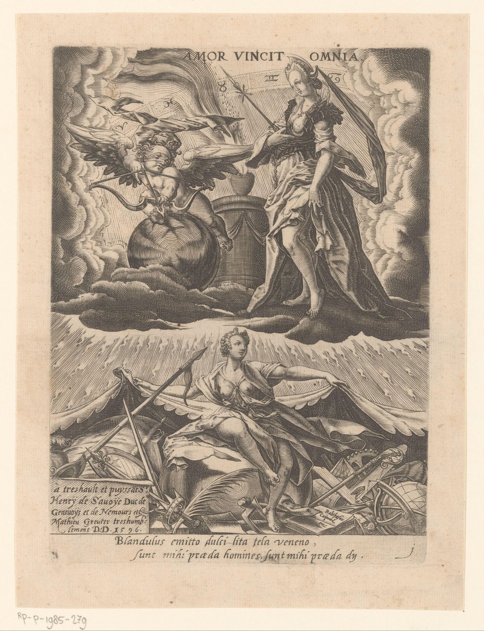 Triomf der liefde Amor vincit omnia (název na objektu) Zes triomfen van Petrarca (název série) od Matthaus Greuter