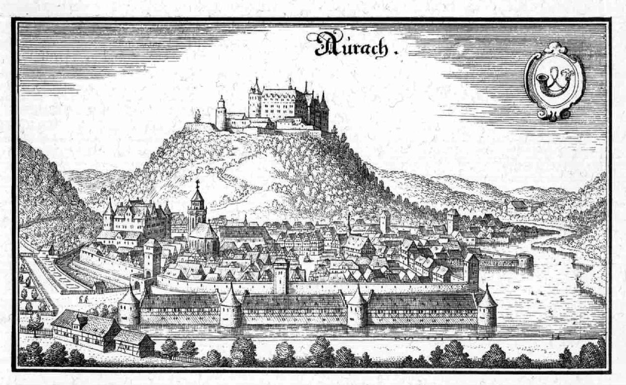 Aurach - výňatek z Topographia Sueviae (Schwaben) od Matthaus Merian