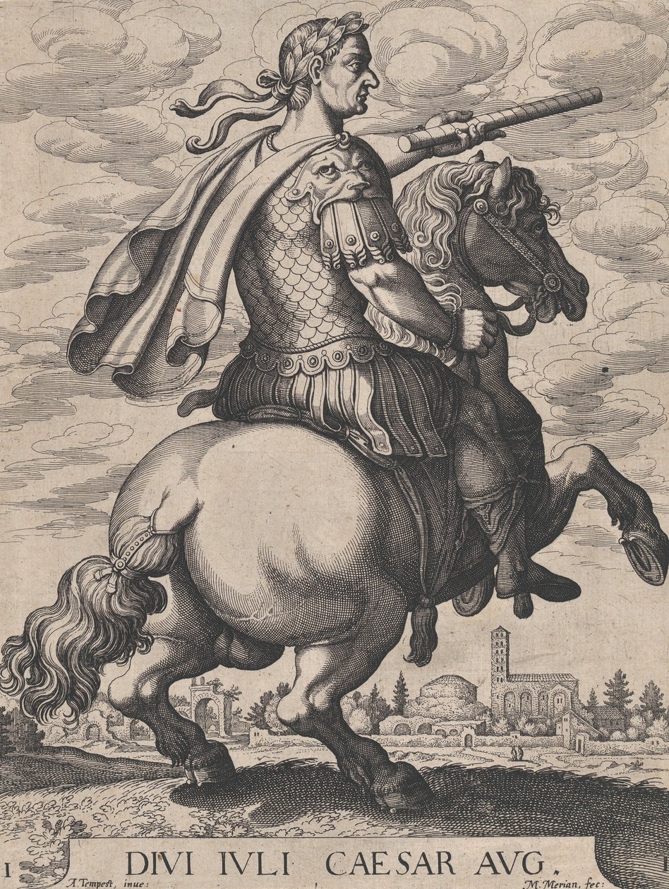 Deska 1: Císař Julius Caesar na koni, z „Prvních dvanácti římských císařů“, z..., 1610-50. od Matthaus Merian