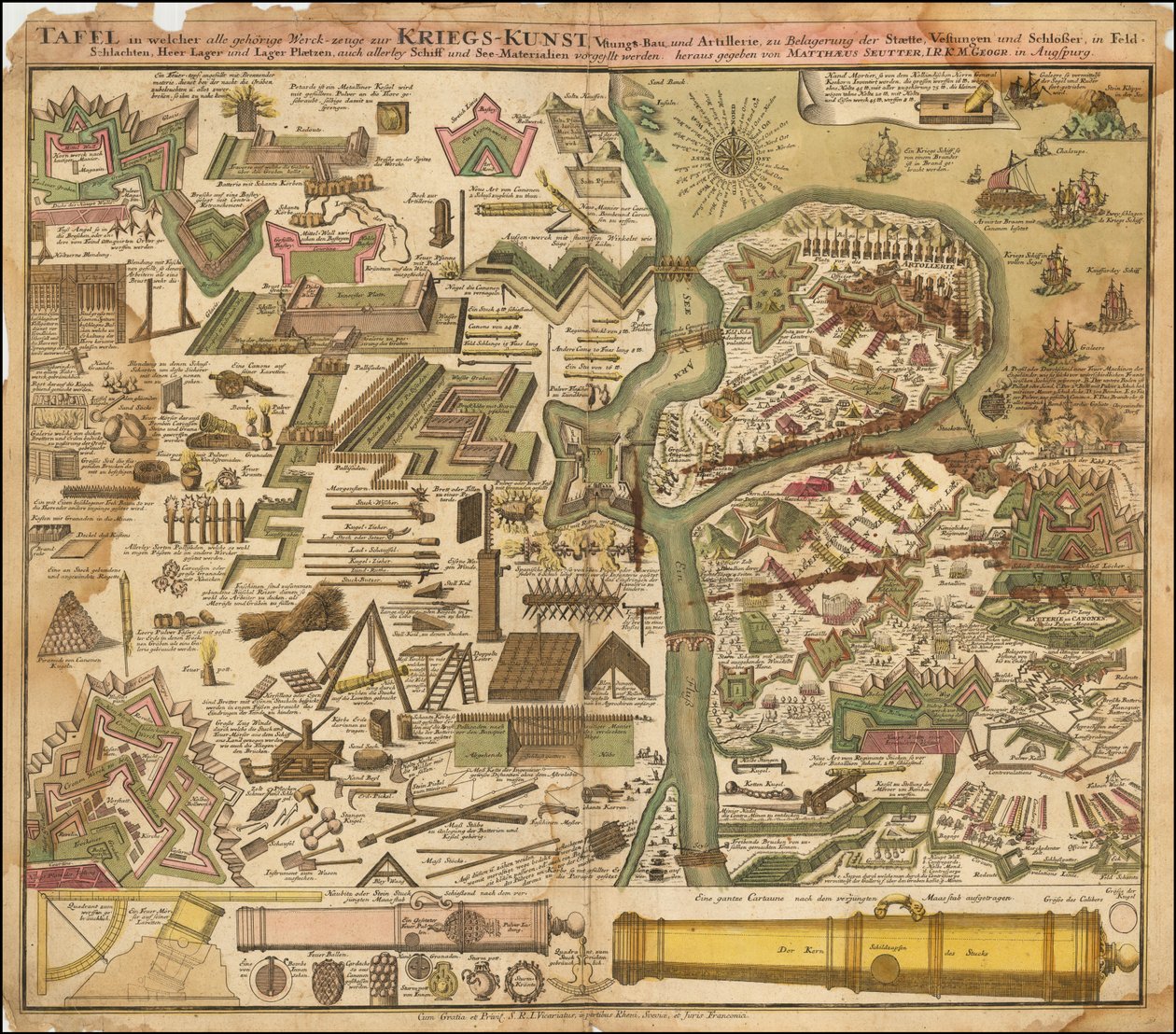 Seutterova alegorická mapa z roku 1720 zobrazující válečné umění na souši i na moři od Matthäus Seutter