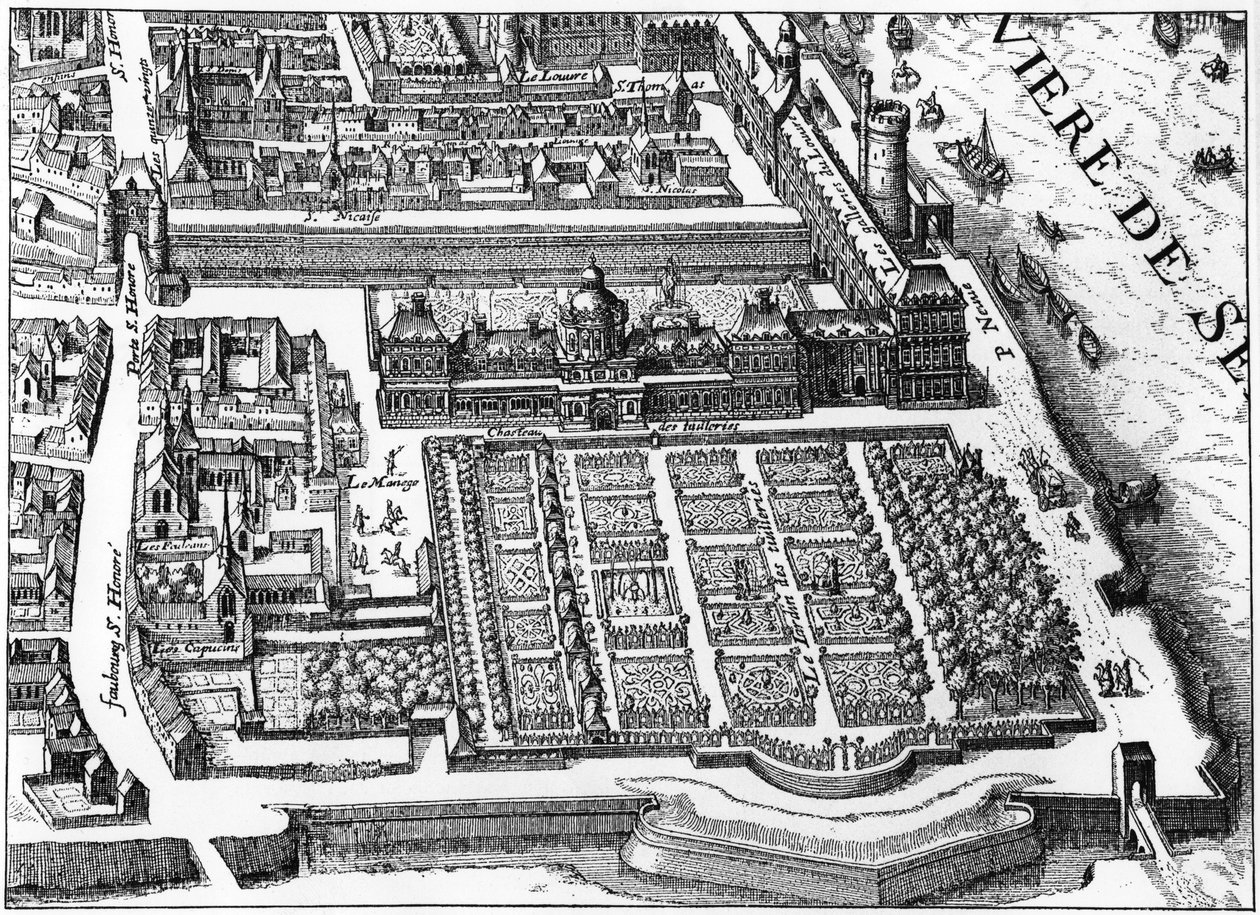 Paříž: palác a zahrada Tuileries v roce 1615, faksimile plánu Mathieu Meriana. od Matthaus the Elder (after) Merian