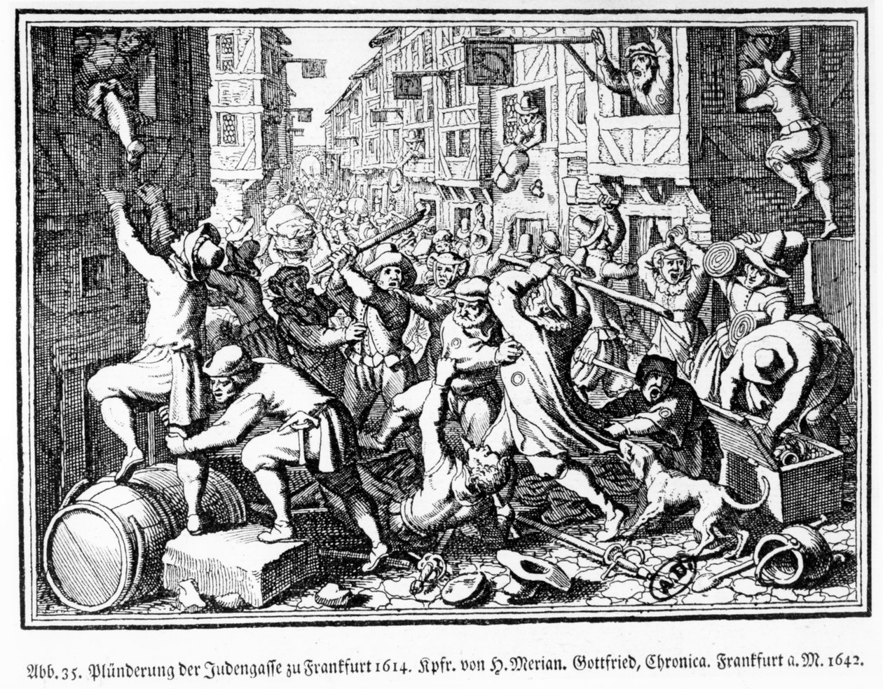 Juutalaisten kujan ryöstäminen Fettmilchin mellakoiden aikana Frankfurtissa 22. elokuuta od Matthaus the Elder (after) Merian