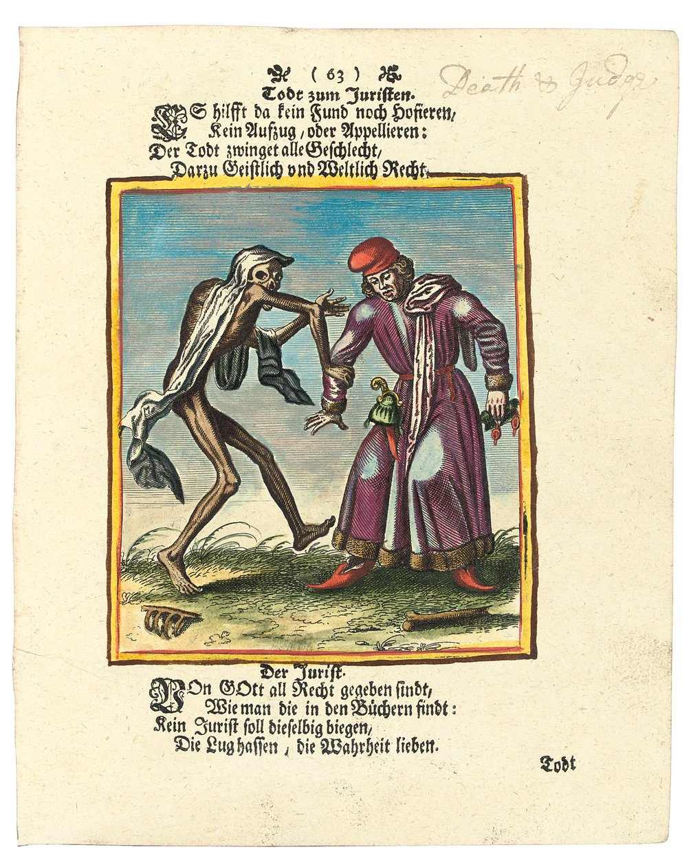 Death and the Lawyer, cca 1700-1725 (ručně kolorovaná rytina) od Matthaus the Elder Merian