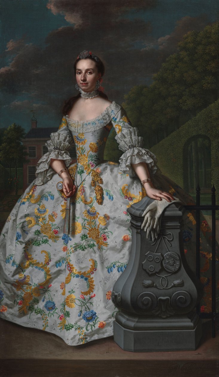 Portrét Charlotte Beatrix Strick van Linschoten Portrét Charlotte Beatrix Strick van Linschoten (nar. 1732), druhé manželky Gerarda Cornelis van Riebeecka, pravděpodobně stojící před svým venkovským rodem Eemwijck ve Voorburgu od Mattheus Verheyden