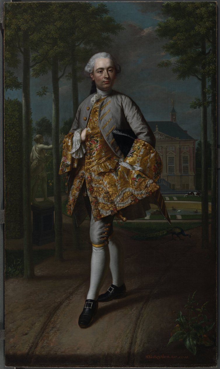 Portrét Gerarda Cornelise van Riebeecka Gerard Cornelis van Riebeeck (1722-1759), sekretář Delftu, pravděpodobně stojící před svým venkovským domem Essensteyn ve Voorburgu od Mattheus Verheyden