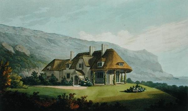 Došková přímořská vila pro Jamese Vinea Esq., v Puckaster, Isle of Wight, od Villa Architecture: sbírka pohledů s plány budov realizovaných v Anglii a Skotsku, od Roberta Lugara, hospoda od Matthew Dubourg