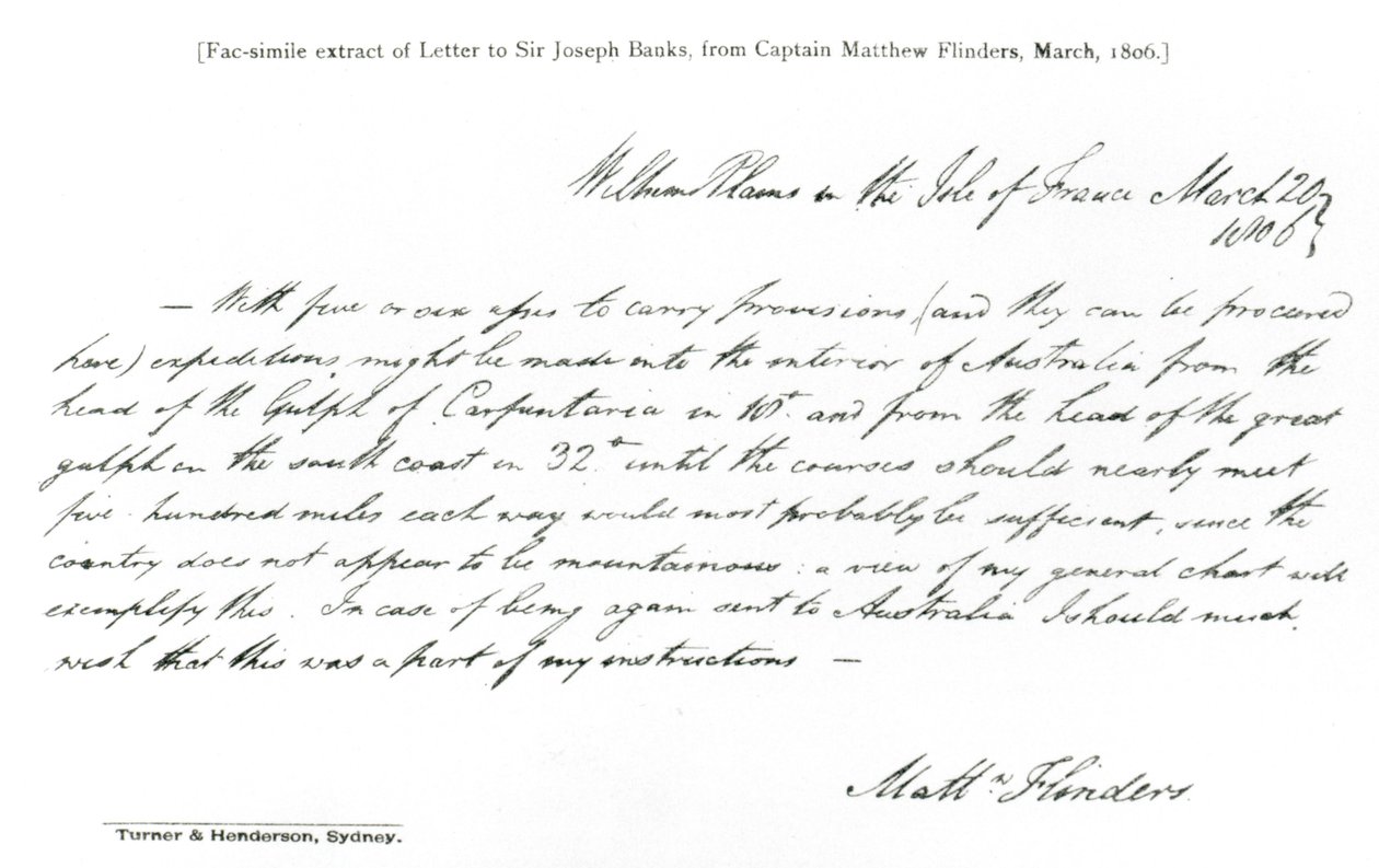 Faksimile kopie dopisu siru Josephu Banksovi od kapitána Matthewa Flinderse z března 1806 z The History of Australian Exploration from 1788-1888, 1888 (faksmile) (černobílá fotografie) od Matthew Flinders