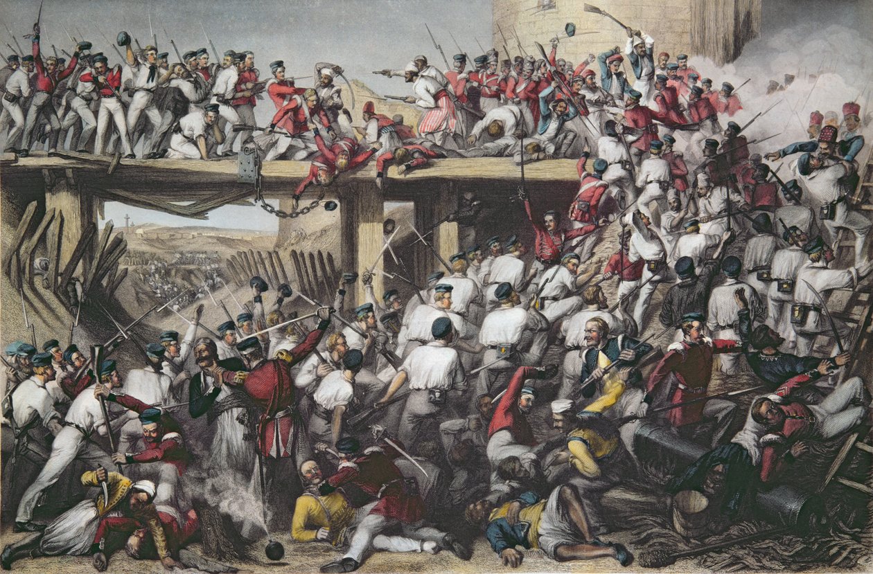 Storming of Delhi, vyryl T.H. Sherratt, vydané London Printing and Publishing Company, srpen 1859 (barevná rytina) od Matthew Somerville Morgan