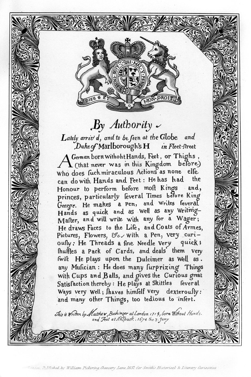 Kaligrafický výstavní účet Matthewa Buchingera, trpaslíka z Nurnburgu, 1717, 1840 od Matthew Buchinger