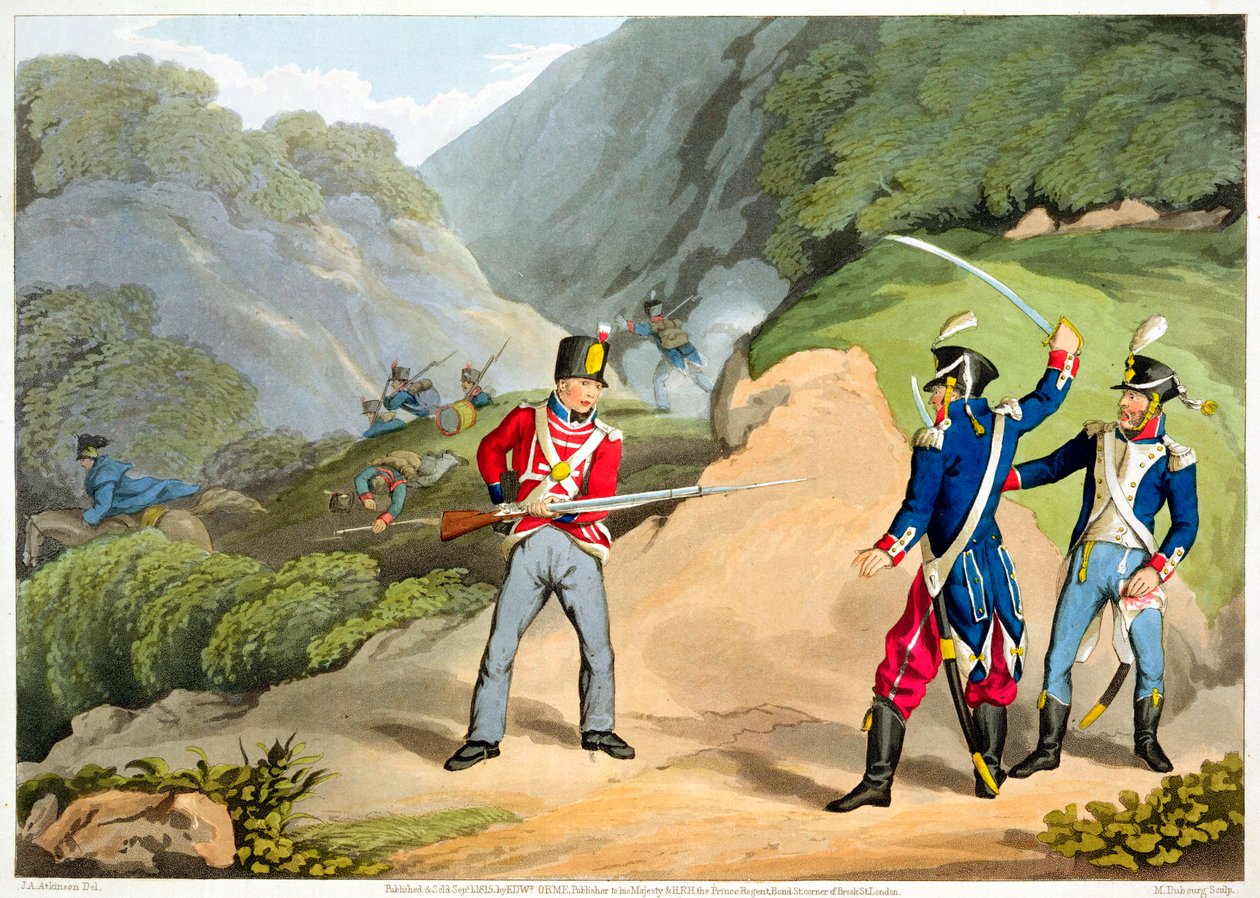 „Britský voják s dvěma francouzskými důstojníky v bitvě u Pyrenejí“, 1813 1816 od Matthew Dubourg