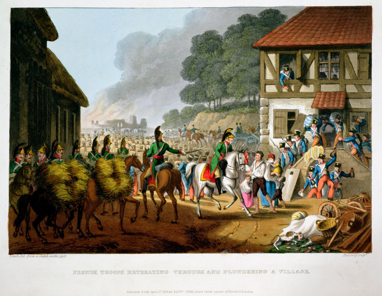 „Francouzská vojska ustupují a drancují vesnici“, 1816 od Matthew Dubourg