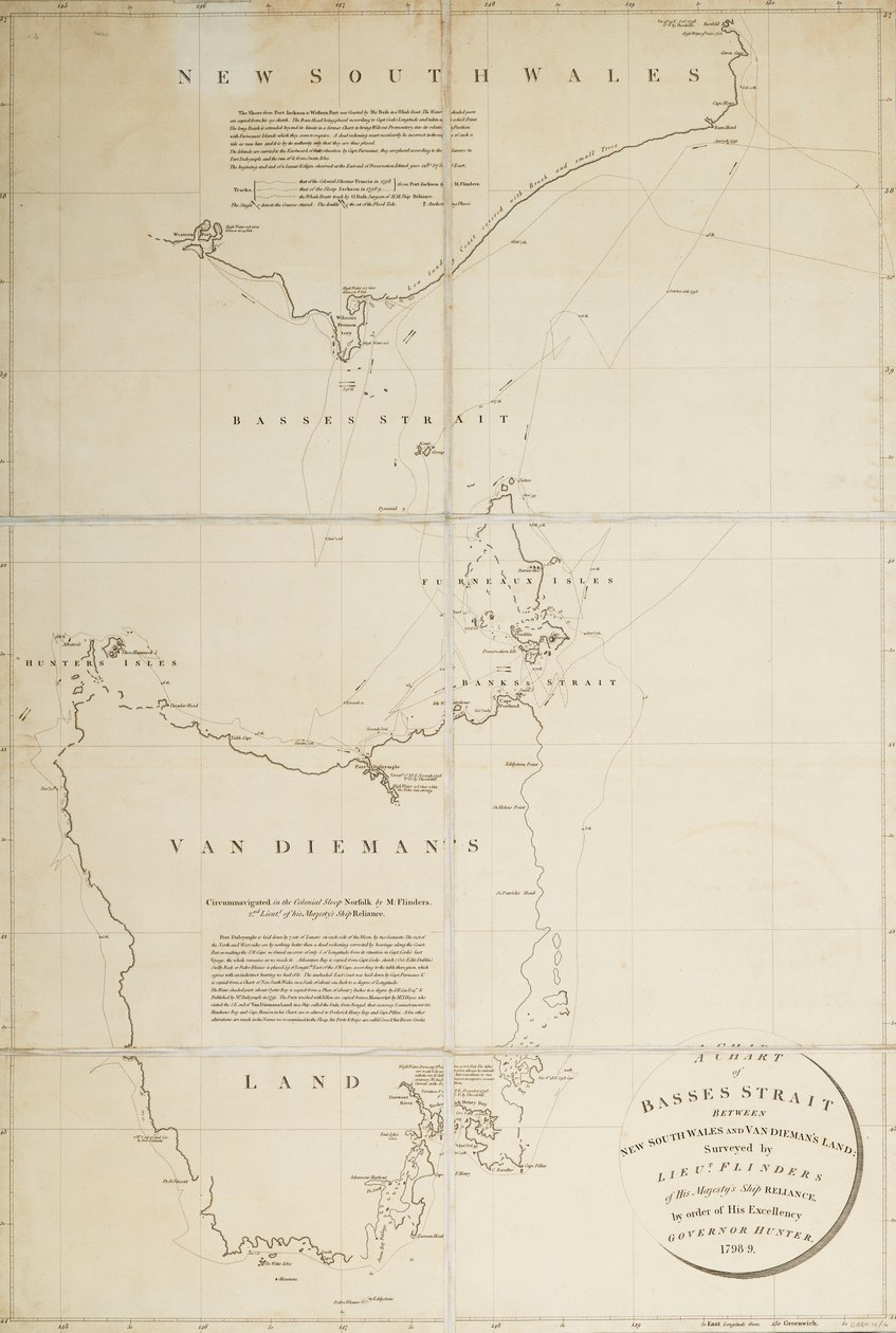 Mapa Bassesovy úžiny mezi Novým Jižním Walesem a Van Diemansovou zemí, kterou na příkaz ministra námořnictva prozkoumal poručík Flinders z lodi HMS "Reliance".... Guvernér Hunter od Matthew Flinders