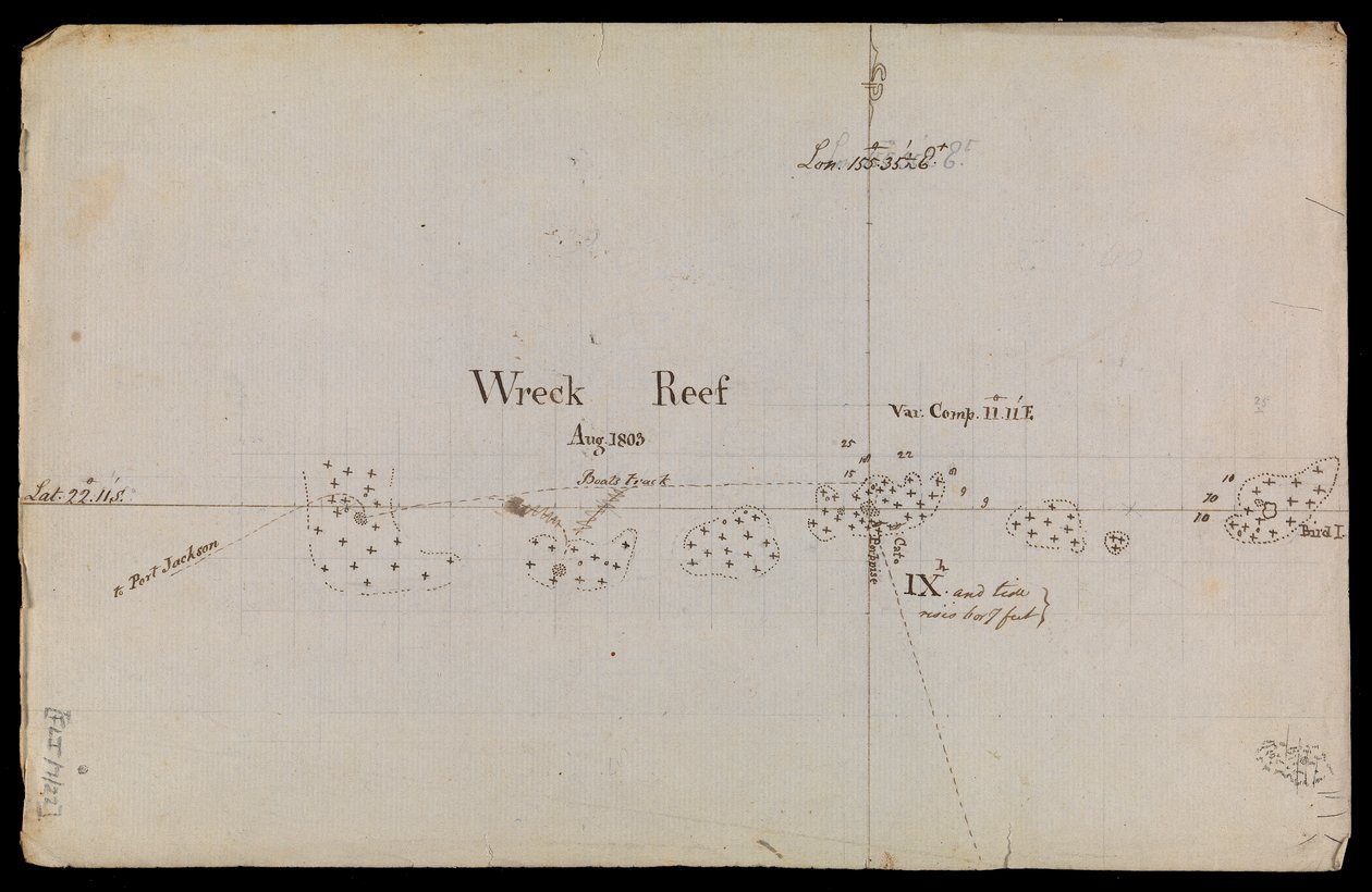Hrubě načrtnutá mapa "Wreck Reef" z roku 1803 ze sbírky technických memorand a korespondence Admirality. od Matthew Flinders