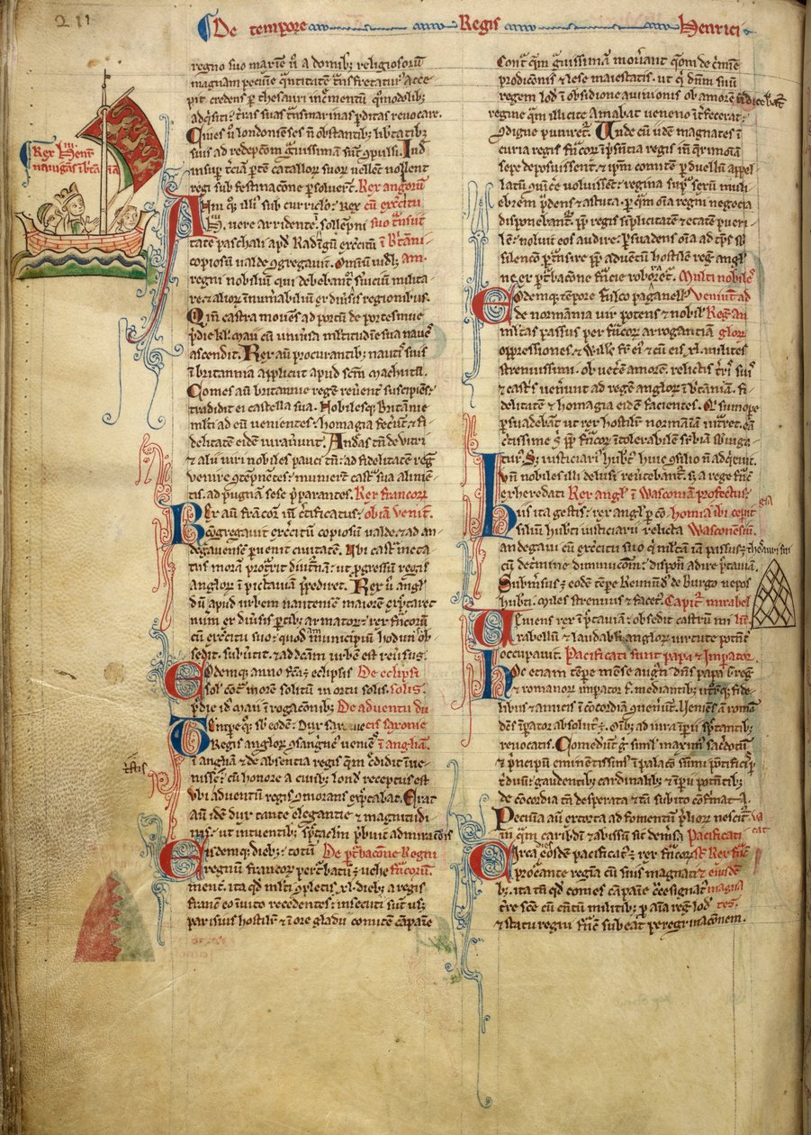 Royal 14 C. VII, f.116v Okrajová kresba krále Jindřicha III. plavícího se přes Lamanšský průliv do Bretaně, s částí doprovodného textu vlastní rukou autora, ilustrace z 