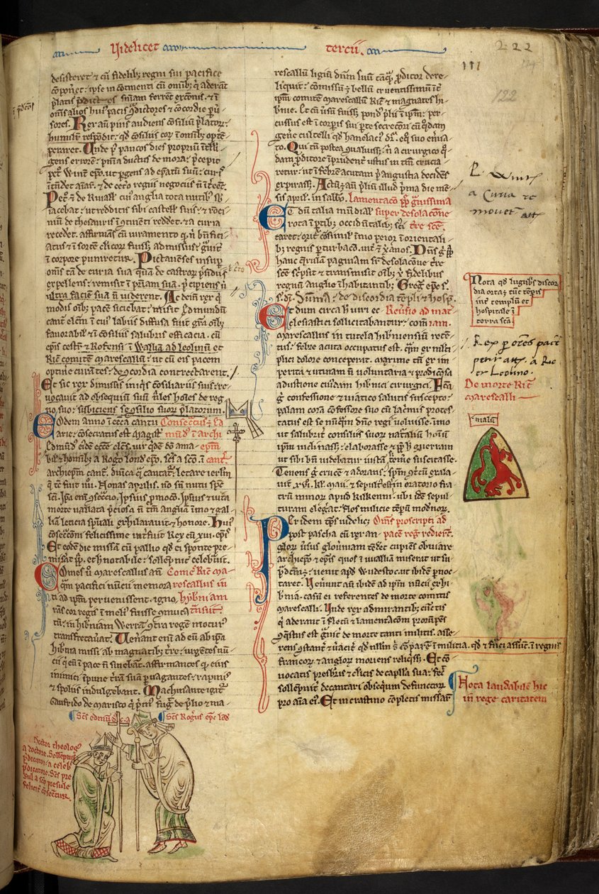 Royal 14 C. VII f.122r Roger Nigel, biskup Londýna, světící Edmunda z Abingtonu arcibiskupem v Canterbury; od Matthew Paris
