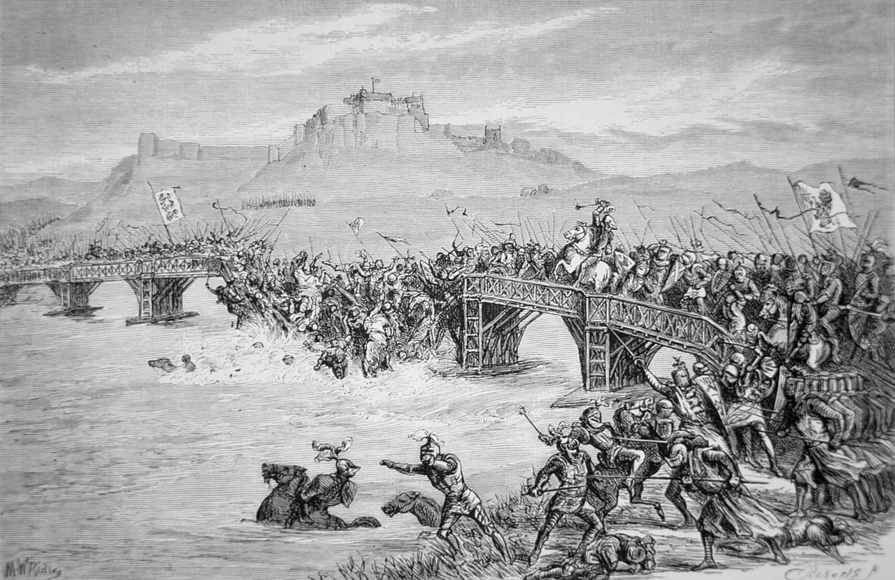 Zřícení mostu během bitvy u Stirling Bridge v roce 1297, vyryto Robertsem (litho) od Matthew White (after) Ridley