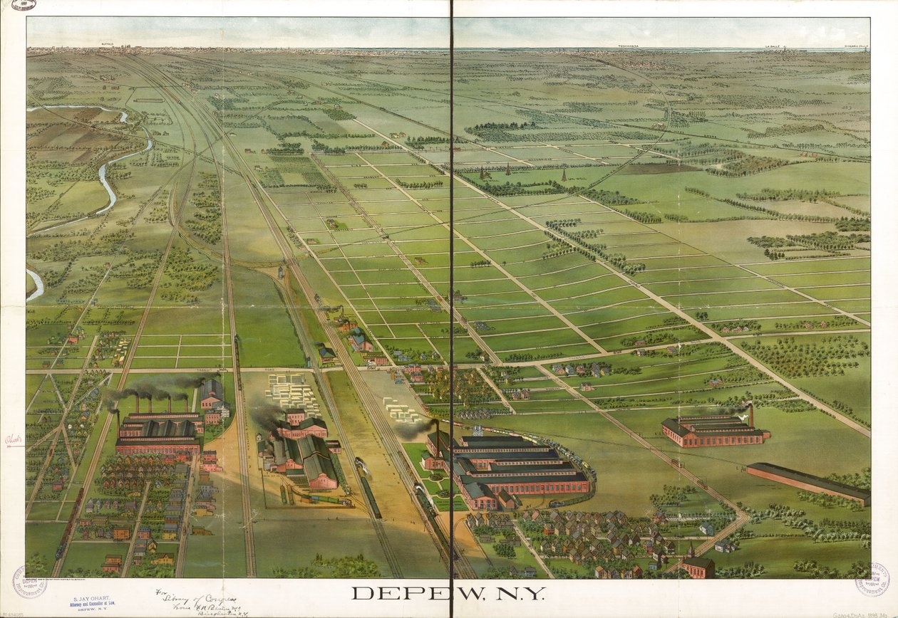 Pohled z ptačí perspektivy. Orientováno na sever vpravo. LC Panoramic maps (2nd ed.), 555.1 Dostupné také prostřednictvím webové stránky Library of Congress jako rastrový obrázek. LC kopie anotovaná inkoustem. Vyraženo na: Compliments Depew Improvement Co. od Matthews Northrup Company
