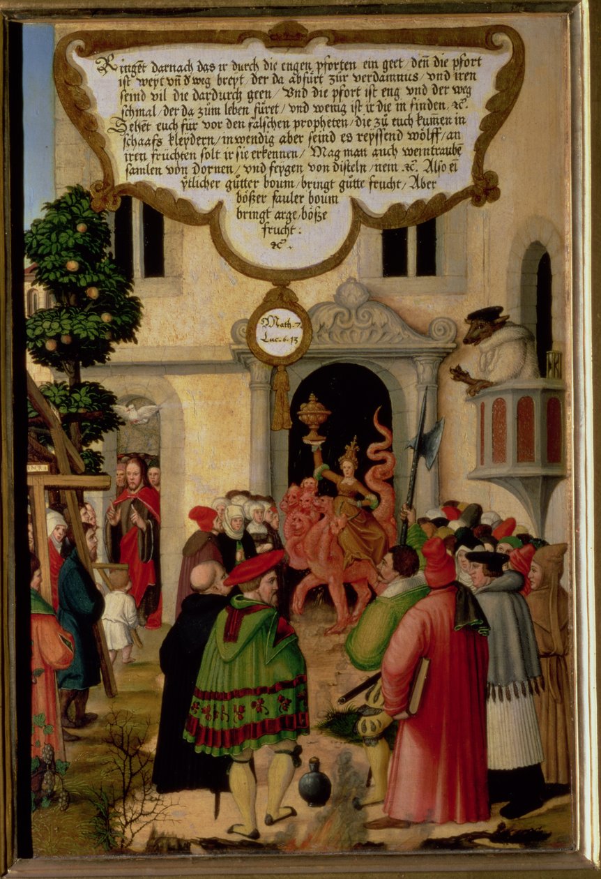 „Dejte si pozor na falešné proroky; přicházejí k vám v ovčím rouchu, ale v srdci jsou to draví vlci“ (Matouš 7 v.15, Lk 6 v.13), ilustrace Kristova učení, část křídla z t. od Matthias Gerung or Gerou