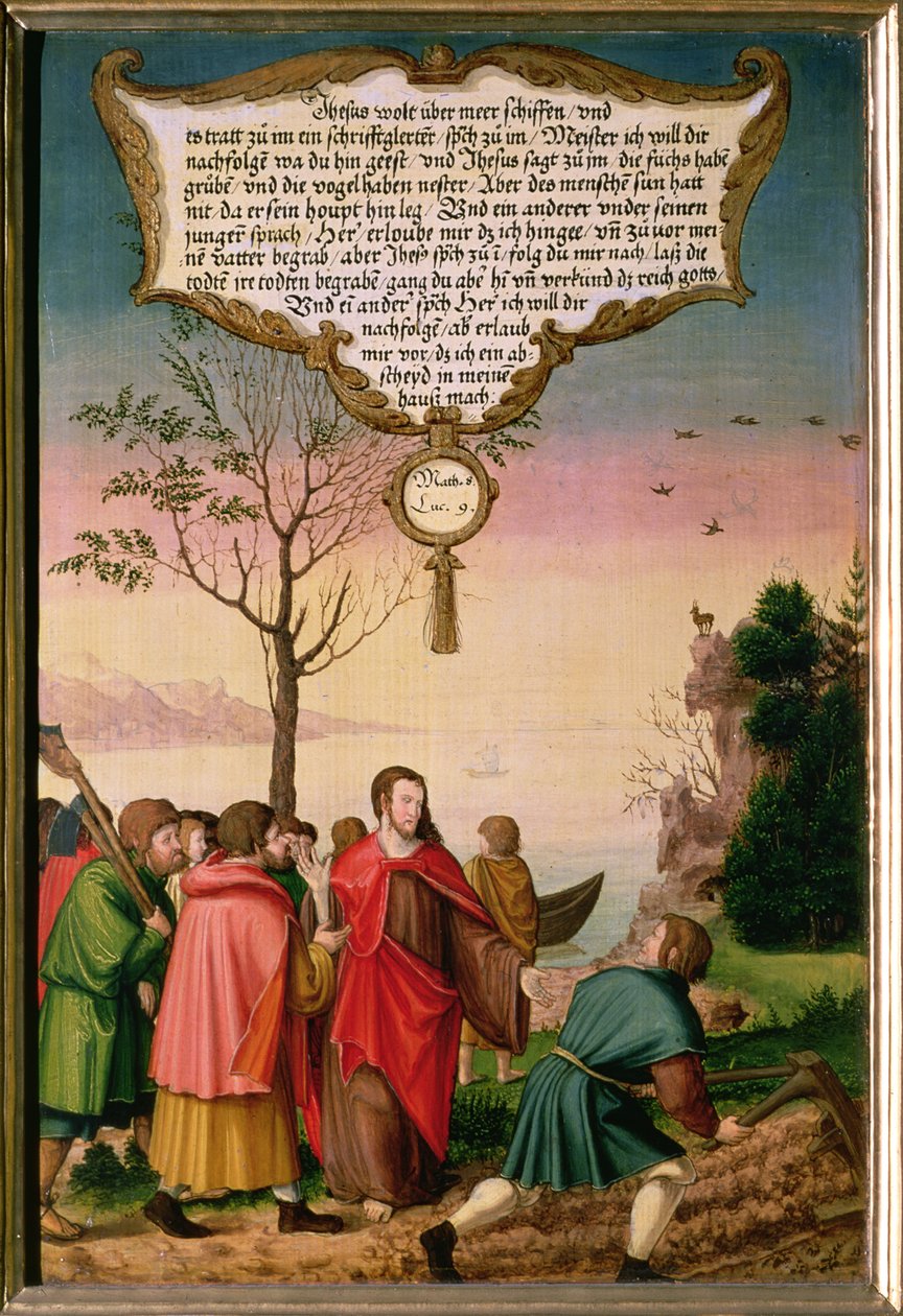 „Božímu království není k ničemu nikdo, kdo položí ruku na pluh a pak se ohlédne za sebe,“ učí Kristus své učedníky (Lukáš 9 v.62), část křídla z oltáře v Mompelgarter ( od Matthias Gerung or Gerou