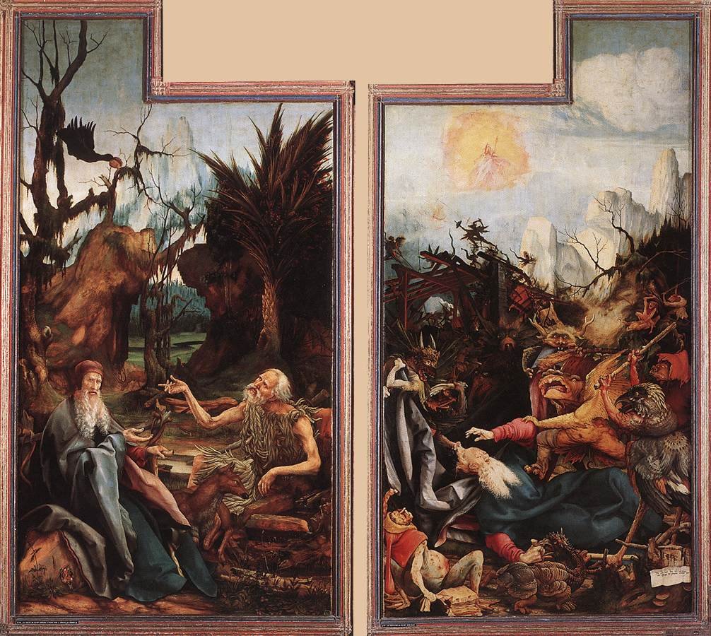 Návštěva svatého Antonína u sv. Pavla a pokušení svatého Antonína od Matthias Grünewald