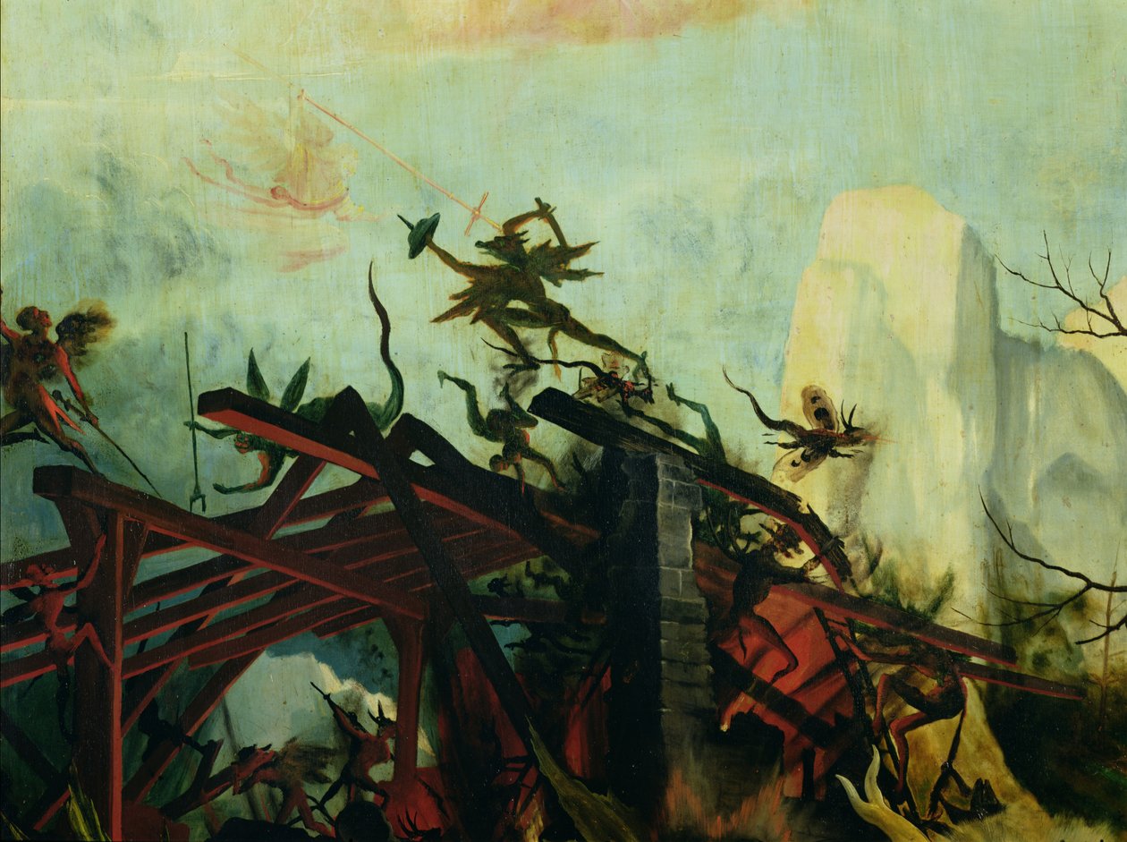 Anděl útočící na ďábly, detail Pokušení svatého Antonína z Isenheimského oltáře, kolem 1512-16 od Matthias Grünewald