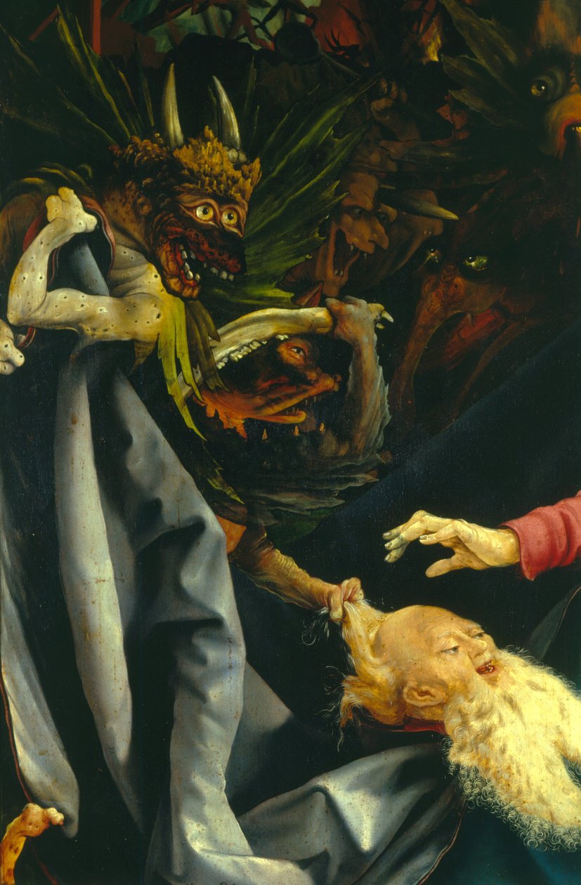 Démoni tahající za vlasy svatého Antonína, detail z Pokušení svatého Antonína z Isenheimského oltáře, kolem 1512-16 od Matthias Grünewald
