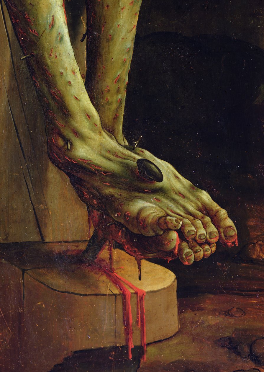 Detail Kristovy nohy ze scény Ukřižování na Isenheimském oltáři, vnitřní deska, kolem 1512-15, olej na desce od Matthias Grünewald