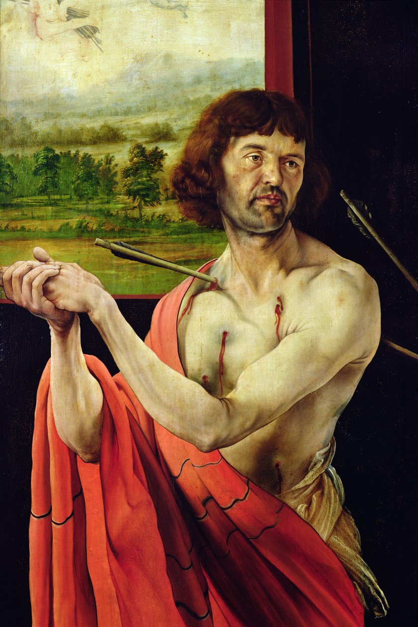 Detail obrazu Svatý Sebastián a krajina z Isenheimského oltářního obrazu, vnitřní křídlo, asi 1512-16, olej na desce od Matthias Grünewald