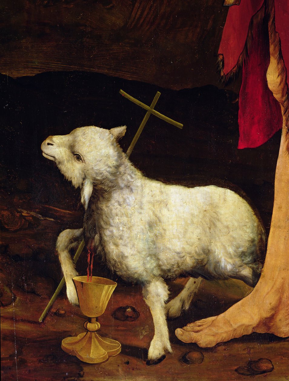 Detail oltářního obrazu Ukřižování z Isenheimu detail beránka, kolem 1512-16, olej na panelu od Matthias Grünewald