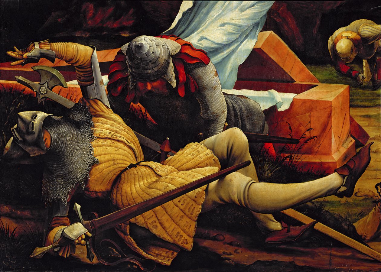 Vojáci hlídající Kristovu hrobku při vzkříšení, detail z Isenheimského oltáře, kolem 1512-16 od Matthias Grünewald