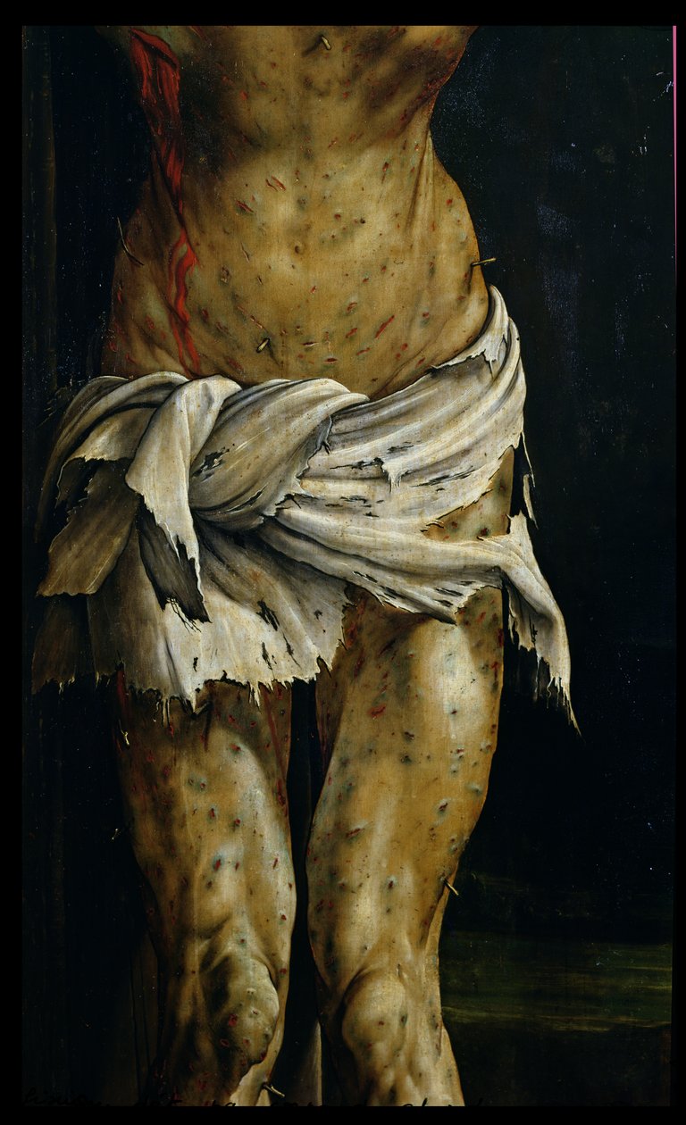 Ukřižování z Isenheimského oltáře, detail Kristova těla, cca 1512-16 olej na panelu detail od Matthias Grünewald