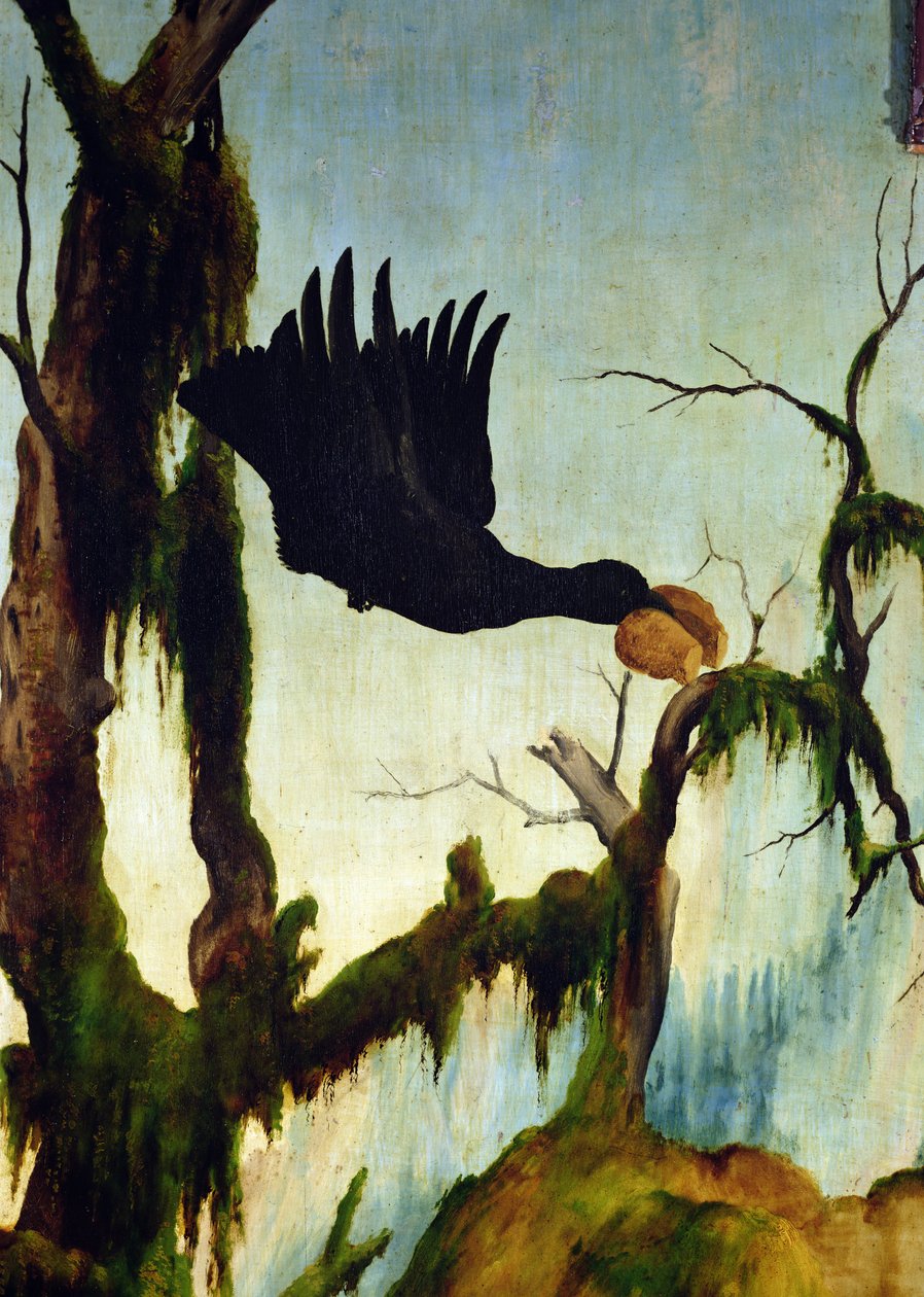 Návštěva svatého Antonína u svatého Pavla poustevníka z Isenheimského oltáře. Detail vrány nesoucí kousek chleba, olej cca 1512-16 na panelu od Matthias Grünewald