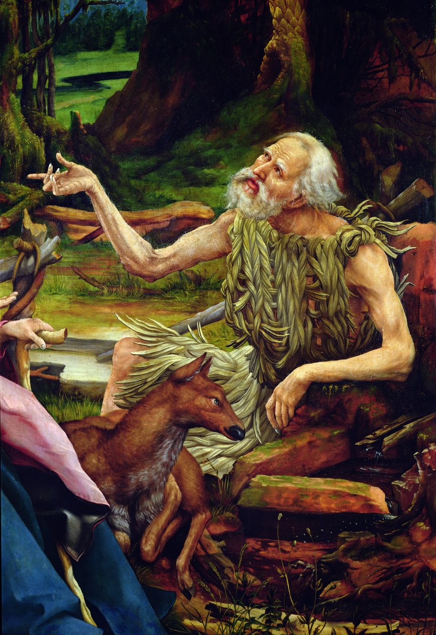 Návštěva svatého Antonína u svatého Pavla poustevníka. Detail návštěvy svatého Antonína u svatého Pavla z Isenheimského oltáře, kolem 1512-16 olej na dřevě od Matthias Grünewald